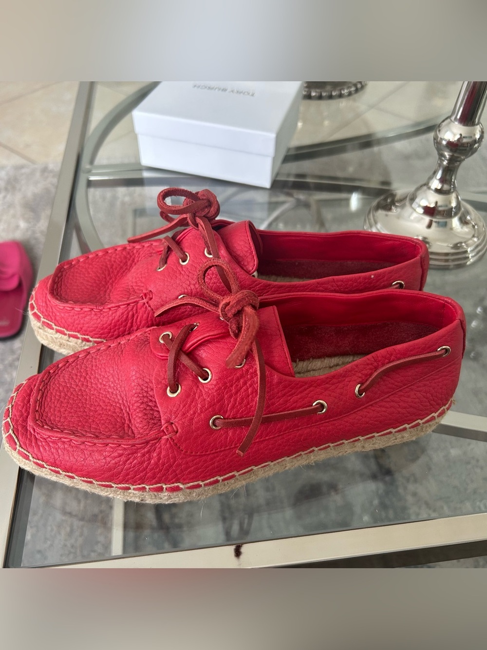 Tory Burch Red Women's Leather Espadrille Boat Shoes